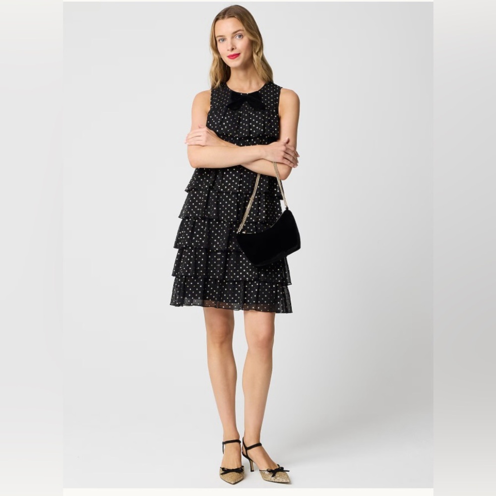J. Crew Black Polka Dot Tiered Bow-Front Mini Dress